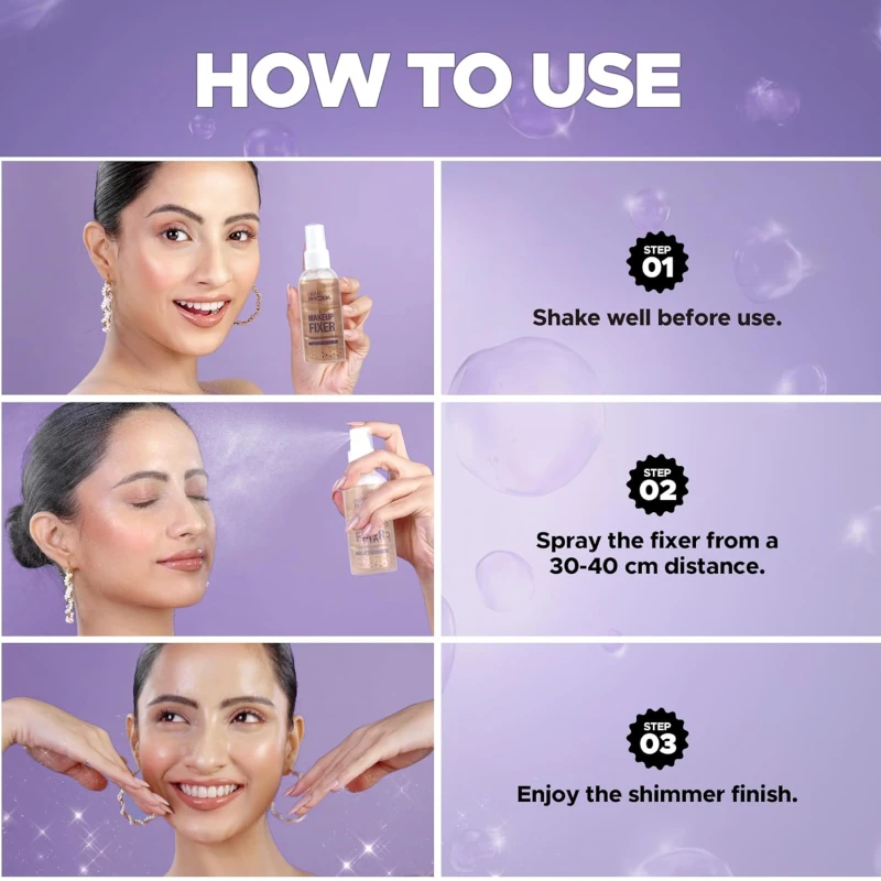 Hilary Rhoda Shimmer Stay Makeup Fixer | Infused with Aloe Vera | Cruelty-Free & Vegan | Keeps Makeup Intact | Hydrates, Soothes & Refreshes Skin - 80ml (Chrome - Shade 02) - Thumbnail 6